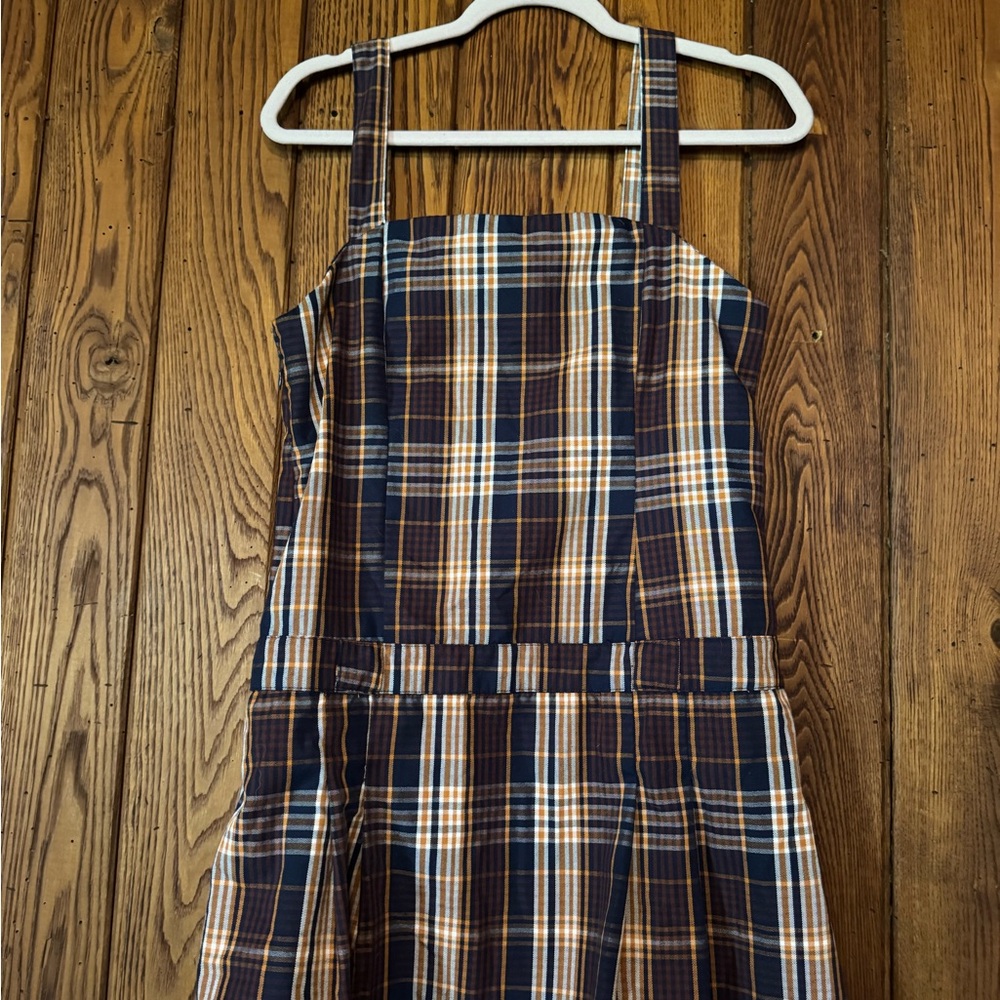 Plaid Square-Neck Pinafore Dress in Navy and Tan
